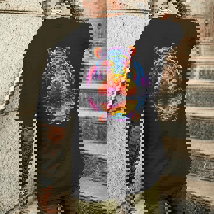 カバ カラフル アート 動物 かわいい グラフィック モチーフ カバ メンズTシャツ バックプリント 彼への贈り物