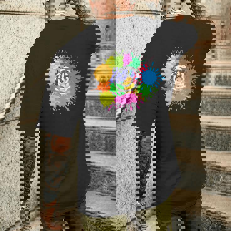 カラフル スプラッター ペイント 水彩 スマイル フェイス ユニセックス メンズTシャツ バックプリント 彼への贈り物