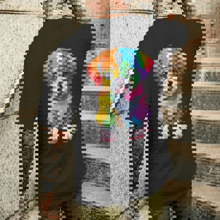 カラフルなかわいい子犬 愛らしい犬 メンズTシャツ バックプリント 彼への贈り物