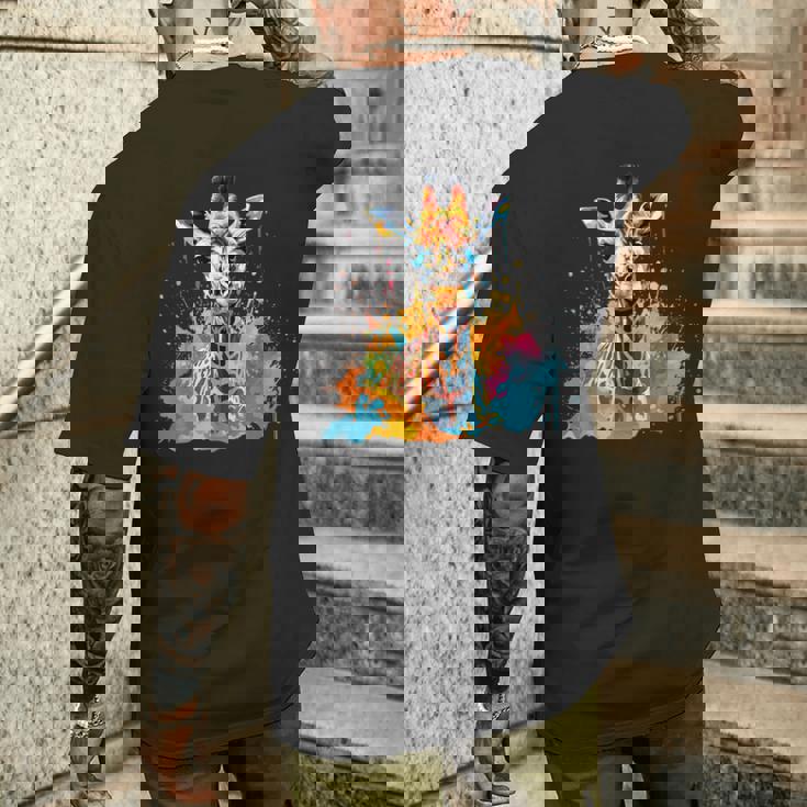 カラフルなキリン 動物 恋人 スプラッシュアート メンズTシャツ バックプリント 彼への贈り物