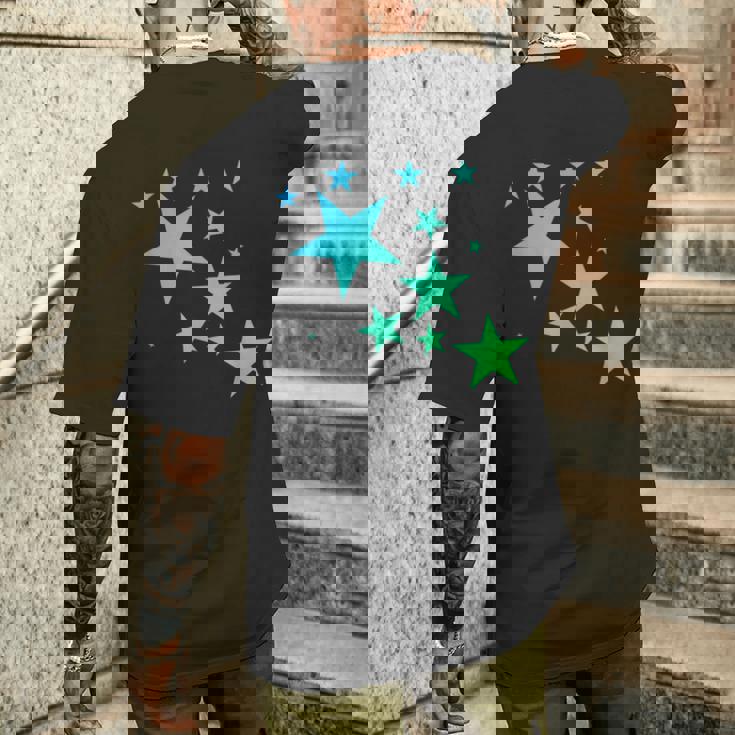 カラフルなグリーンブルーの星、星柄デザイン。 メンズTシャツ バックプリント 彼への贈り物