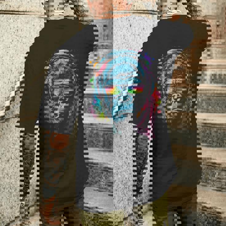 カラフルなゴリラとヘッドフォン レインボー バイブス エイプ モチーフ メンズTシャツ バックプリント 彼への贈り物