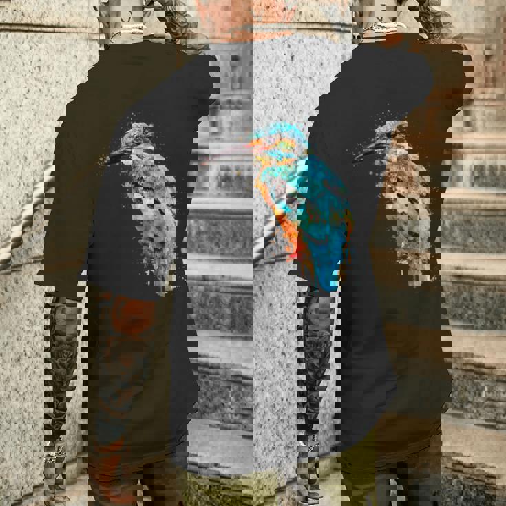 カワセミ 鳥 野生動物 動物 水彩 芸術的 ペインティング メンズTシャツ バックプリント 彼への贈り物