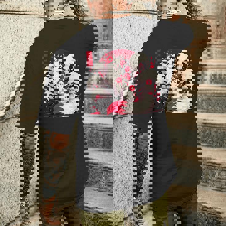 キツネ キツネ 赤いクモユリ 花 日本の九尾キツネ メンズTシャツ バックプリント 彼への贈り物