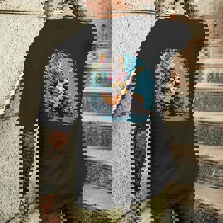 クラシックギターを弾く猫 猫 ギター 音楽 メンズTシャツ バックプリント 彼への贈り物