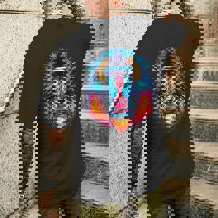 クール マンドリル 猿の精霊 動物 イラスト 絞り染め アート メンズTシャツ バックプリント 彼への贈り物