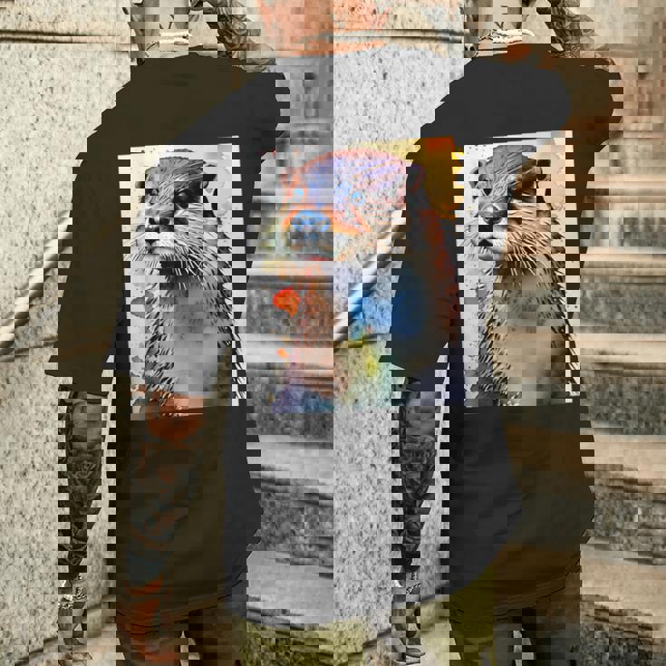 コツメカワウソ【どうぶつフレンズ】水彩画 動物 かわいい おしゃれ イラスト メンズTシャツ バックプリント 彼への贈り物