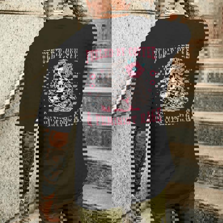 コーヒーフェミニストの怒りに支えられたスケルトンフェミニスト フェミニズム メンズTシャツ バックプリント 彼への贈り物