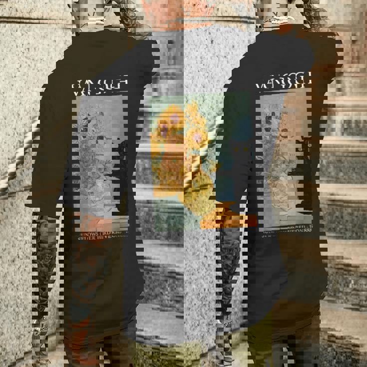 ゴッホ 黒猫 ひまわり おもしろ猫 メンズTシャツ バックプリント 彼への贈り物