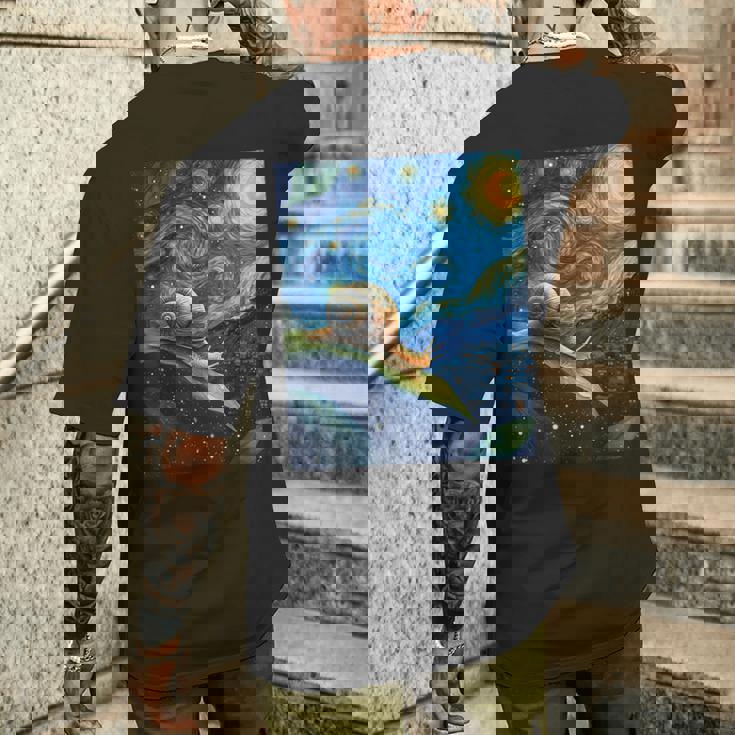 ゴッホの星空の夜のカタツムリスローモーバー動物愛好家 メンズTシャツ バックプリント 彼への贈り物