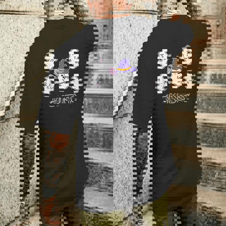 ゴースト！『おばけ 5ファイブ』【ゆるフレンズ】ハロウィンの まほうつかい お化け かわいいキャラクター イラスト メンズTシャツ バックプリント 彼への贈り物