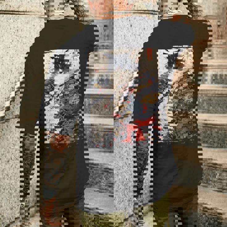 サムライ 猫戦士 浮世 墨絵 猫 サムライ メンズTシャツ バックプリント 彼への贈り物