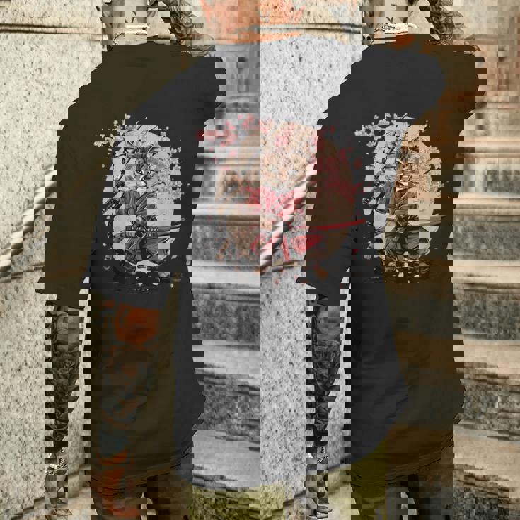 サムライキャット 日本戦士 サクラツリー 日本忍者 猫 メンズTシャツ バックプリント 彼への贈り物