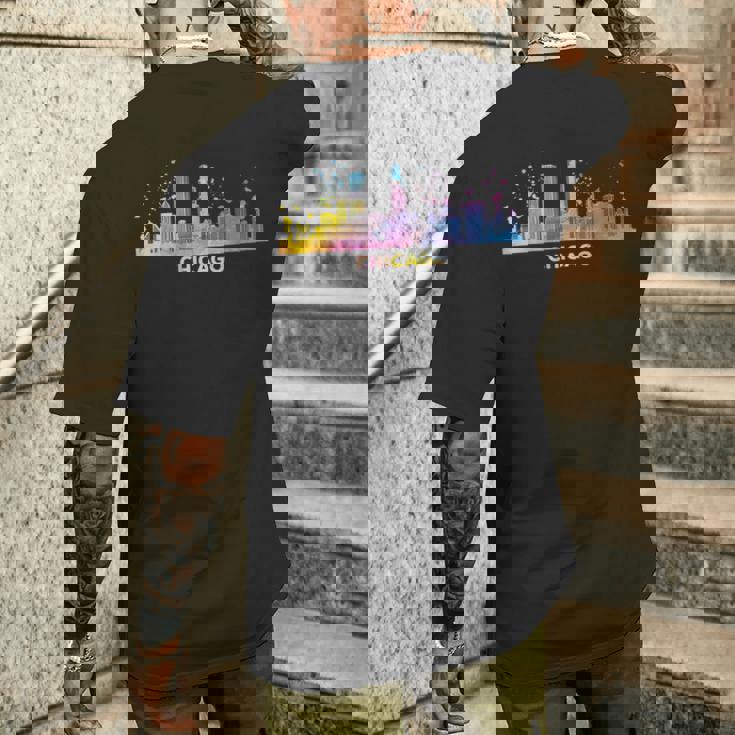 シカゴのスカイライン カラフル 街並み シカゴ メンズTシャツ バックプリント 彼への贈り物