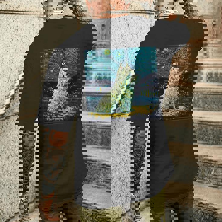 シュールレアリズム 星月夜 ウェスティ 犬 メンズTシャツ バックプリント 彼への贈り物