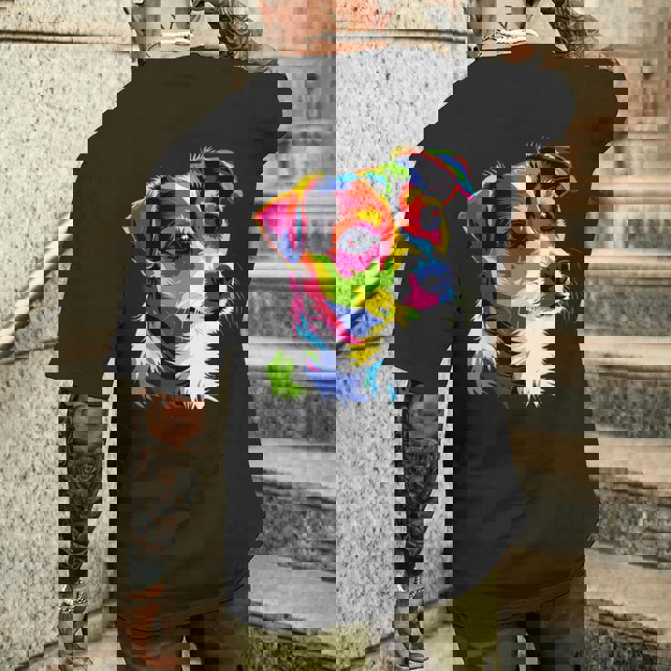 ジャック・ラッセル・テリア ブライトカラー ポップアート 愛犬家 メンズTシャツ バックプリント 彼への贈り物