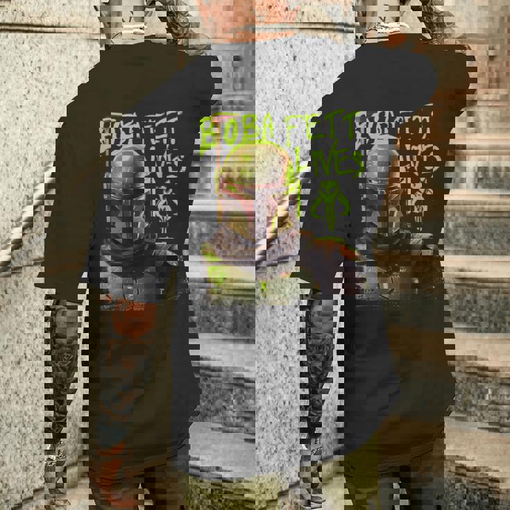 スター・ウォーズ ボバ・フェットの本 ネオン・ボバ・フェット・ライヴズ ポスター メンズTシャツ バックプリント 彼への贈り物