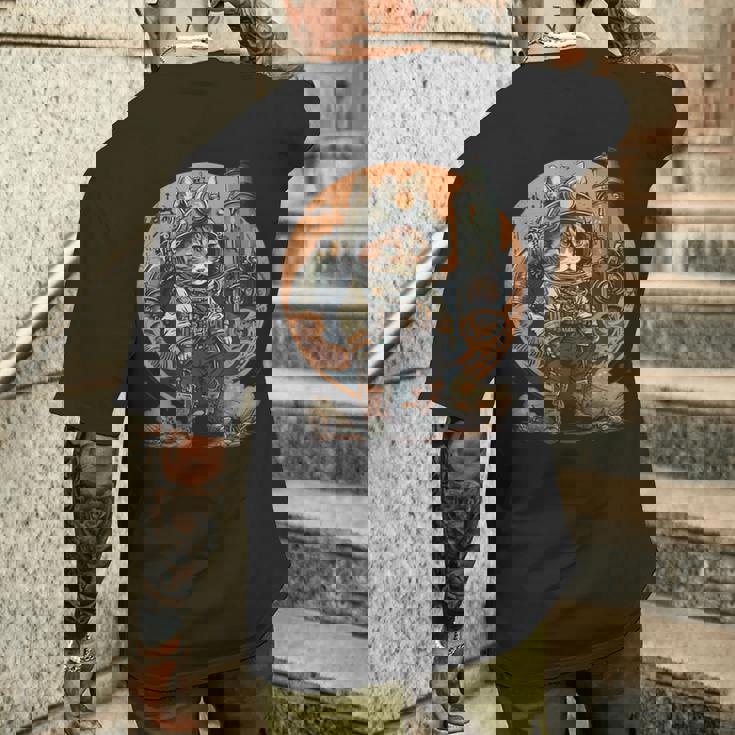 スチームパンク 猫 キティ 子猫 月 スペース スチームパンク メンズTシャツ バックプリント 彼への贈り物