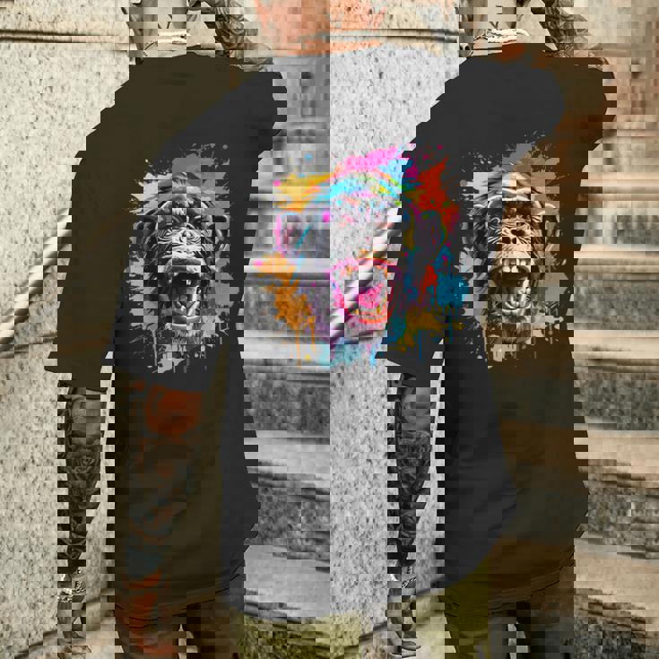 スプラッシュアート チンパンジー 野生動物 動物 好き カラフル メンズTシャツ バックプリント 彼への贈り物