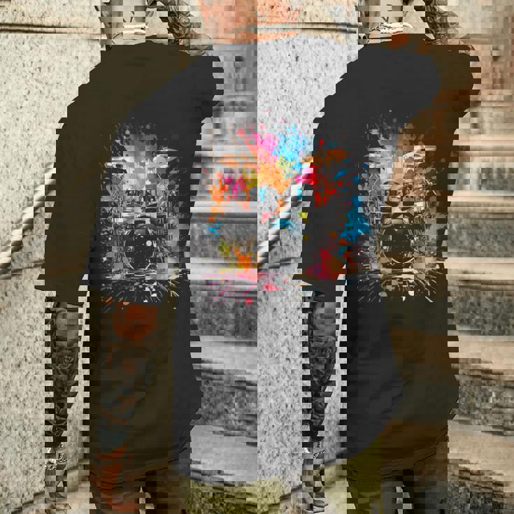 スプラッシュスタイルのドラムドラマードラムドラムのドラム メンズTシャツ バックプリント 彼への贈り物