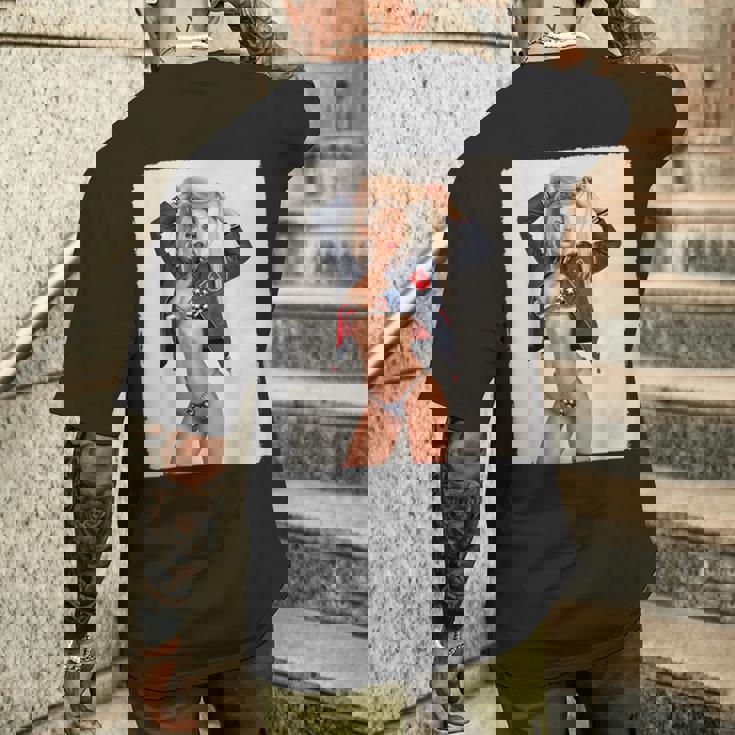 セクシーガールグラフィックtシャツ ブロンドボンシェルビキニピンナップガール メンズTシャツ バックプリント 彼への贈り物