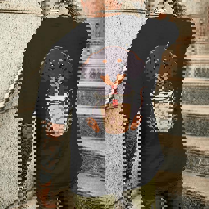 ダックスフンド ボバティー バブルティー アニメ カワイイ 犬 メンズTシャツ バックプリント 彼への贈り物