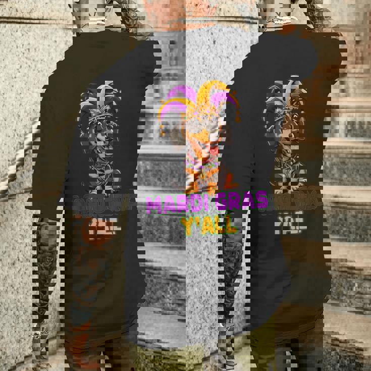 ダックスフンド 犬 マルディグラ Y'all メンズTシャツ バックプリント 彼への贈り物