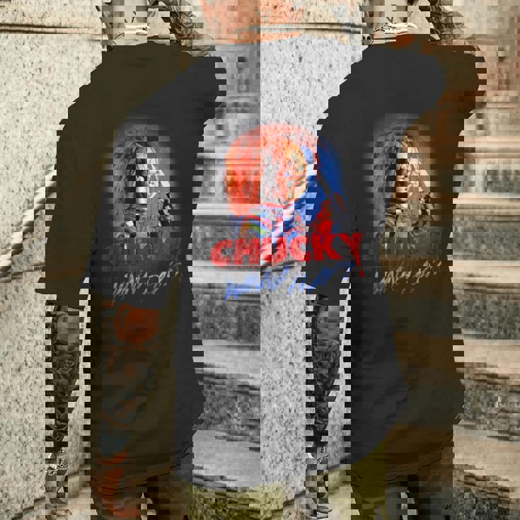 チャッキー・ワナ・プレイ・ブラッディ・ナイフ メンズTシャツ バックプリント 彼への贈り物