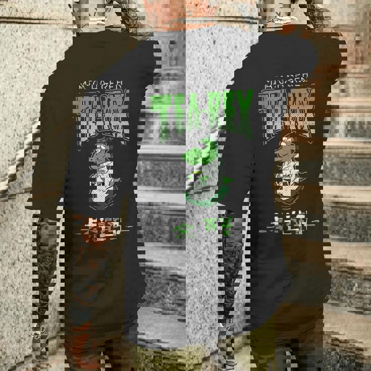 ティーレックス ダイナソー ディノサウルス 恐竜 茶道 茶道部 茶道クラブ 茶の湯 抹茶 お茶 ティー カワイイ 面白 メンズTシャツ バックプリント 彼への贈り物