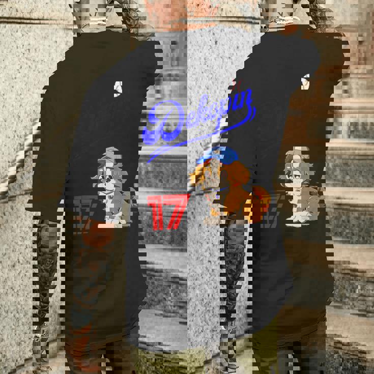 デコピン、デコイ、犬シャツ、No17、大谷、愛犬、コーイケルホンディエ、野球観戦、Dekopindecoy 誕生日 メンズTシャツ バックプリント 彼への贈り物