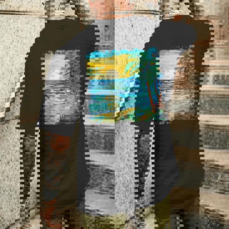 トロピカルビーチ 太陽 オーシャン ヤシの木 ゴッホスタイル アートデザイン メンズTシャツ バックプリント 彼への贈り物