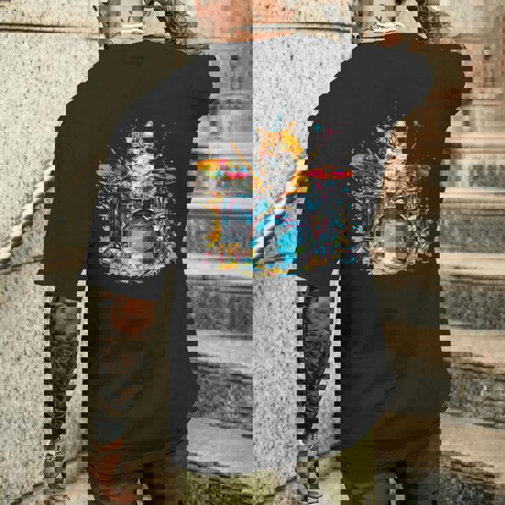 ドラマーの猫猫とドラム メンズTシャツ バックプリント 彼への贈り物