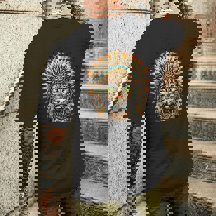 ネイティブインディアン 猫 子猫 ネイティブアメリカン インディアンフェザー メンズTシャツ バックプリント 彼への贈り物