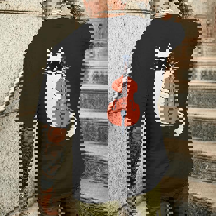 ネコとコントラバス 猫とサングラス ネコ好き 猫飼い コントラバス ウッドベース ダブルベース ジャズ音楽 ネコ 猫 メンズTシャツ バックプリント 彼への贈り物