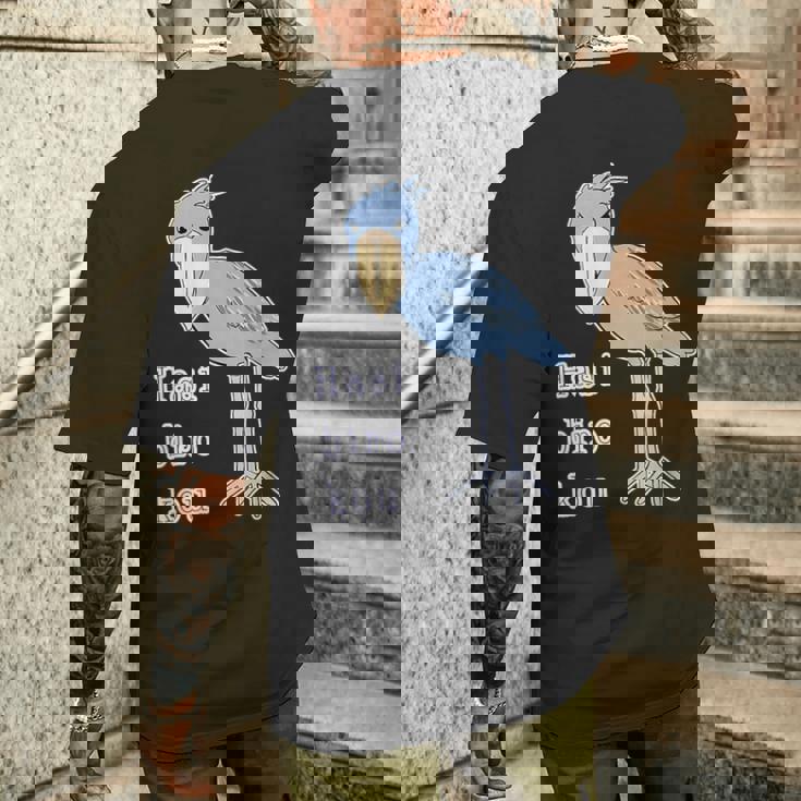 ハシビロコウさん 『セルフィー』青い鳥【どうぶつフレンズ 】ゆるくて かわいい 動物園の生き物 イラスト メンズTシャツ バックプリント 彼への贈り物