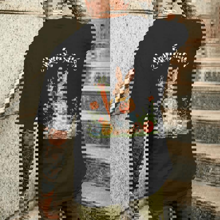 ハッピーイースターバニーニンジンイースターエッグ イースターラビットアートワーク メンズTシャツ バックプリント 彼への贈り物