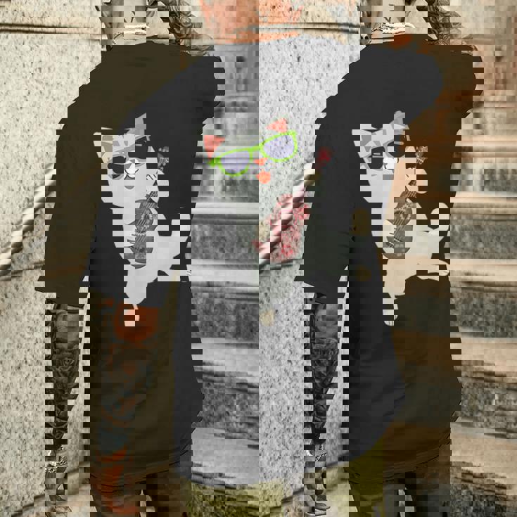 ハワイアンウケ猫遊びウクレレバッジポケット メンズTシャツ バックプリント 彼への贈り物