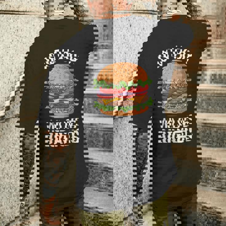 ハンバーガーが大好きな少年 おもしろハンバーガー好き メンズTシャツ バックプリント 彼への贈り物