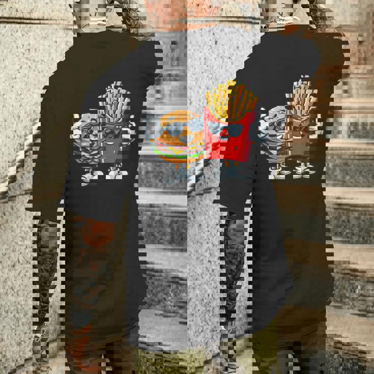 ハンバーガーフライドポテトファーストフード愛好家アート 面白いユーモアコンボプリント メンズTシャツ バックプリント 彼への贈り物