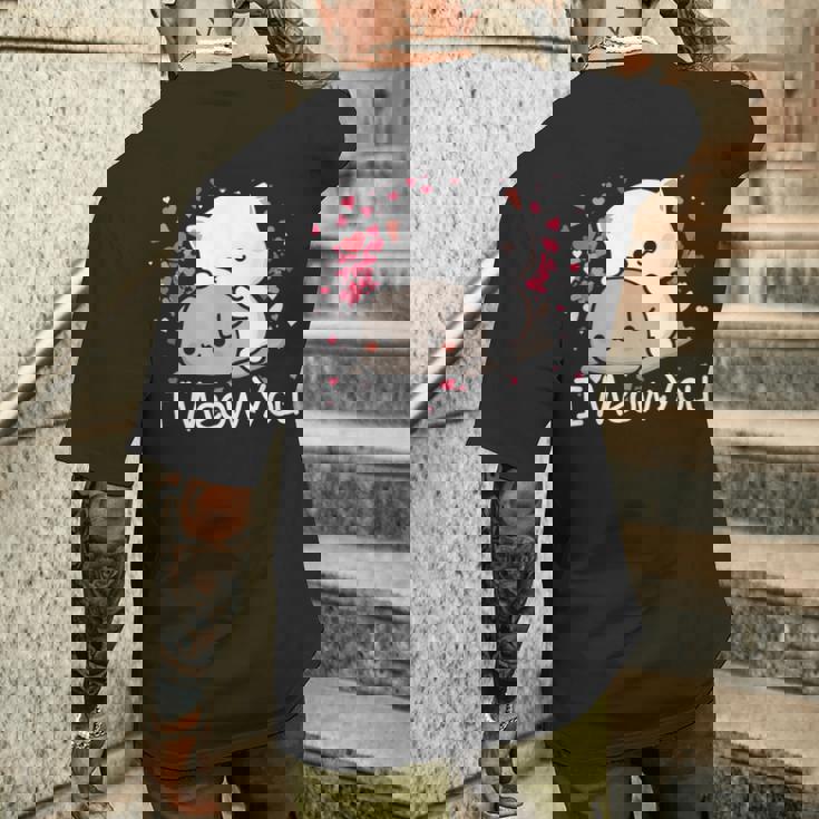 ハート バレンタイン ピーチゴマ 猫 カップル I Meow You メンズTシャツ バックプリント 彼への贈り物