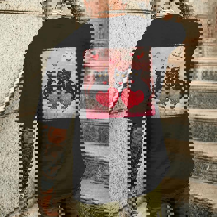 ハートのある黒猫 バレンタインデー アートペインティング メンズTシャツ バックプリント 彼への贈り物