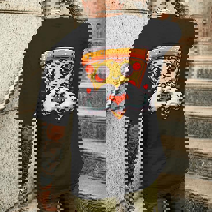 ハートの手でペパロニピザのスライス、かわいいピザ メンズTシャツ バックプリント 彼への贈り物