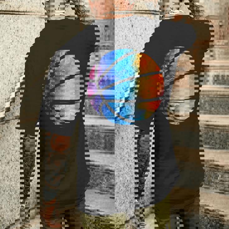バスケットボールのシルエットカラフルな水彩画 メンズTシャツ バックプリント 彼への贈り物