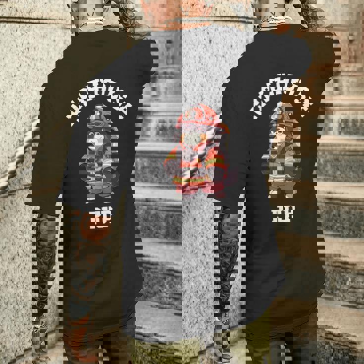 バーニーズマウンテンドッグ ファイヤーハウス パップ 面白い 消防士 メンズTシャツ バックプリント 彼への贈り物