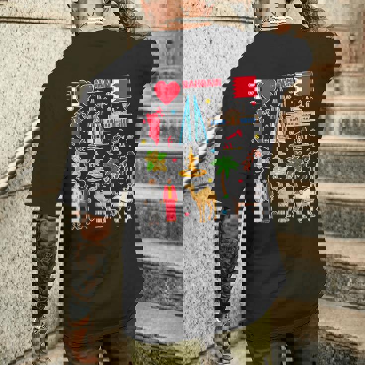 バーレーンの手描きシンボル、バーレーンの地図、文化的アイコン メンズTシャツ バックプリント 彼への贈り物