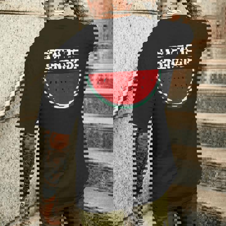 パレスチナスイカ ジェノサイドを止める メンズTシャツ バックプリント 彼への贈り物