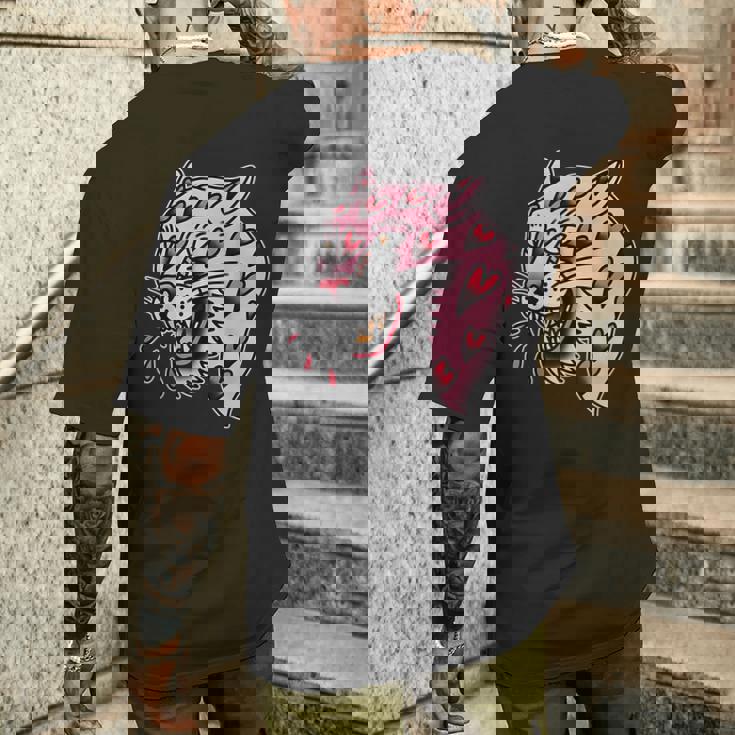 パンサーピンク×ハートラブトラディショナルフラッシュ メンズTシャツ バックプリント 彼への贈り物