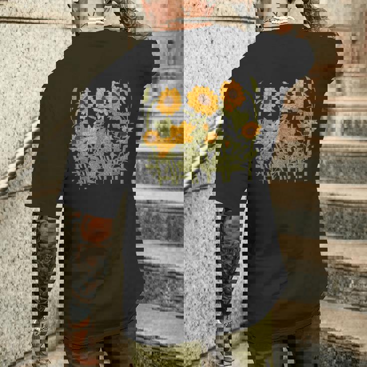 ヒマワリ 野花 ヴィンテージ ボタニカル 植物 ガーデニング メンズTシャツ バックプリント 彼への贈り物