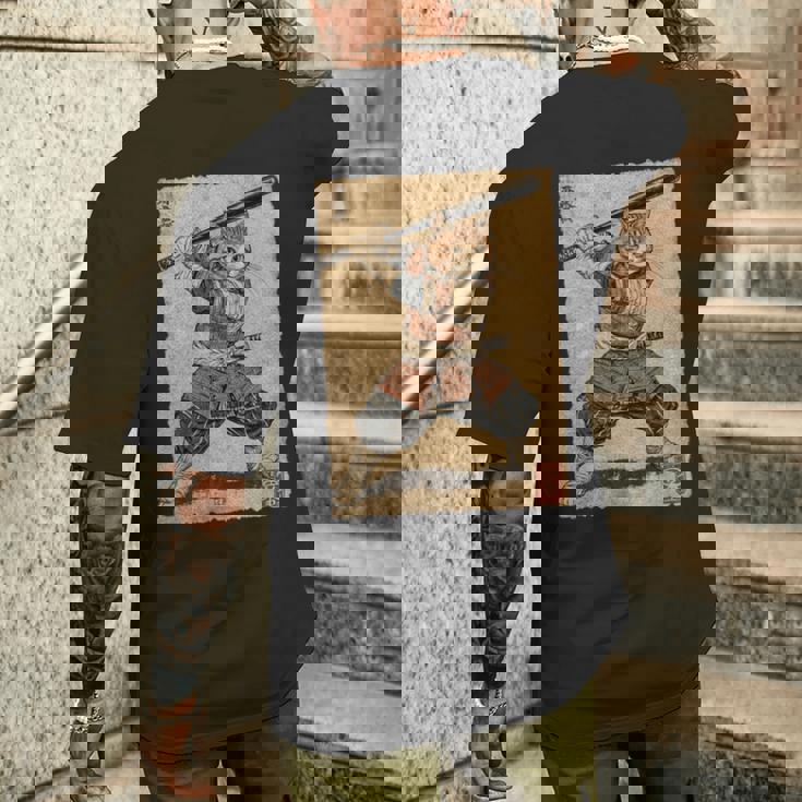 ビンテージアニメ 日本美術 野球選手の侍猫 長袖tシャツ メンズTシャツ バックプリント 彼への贈り物