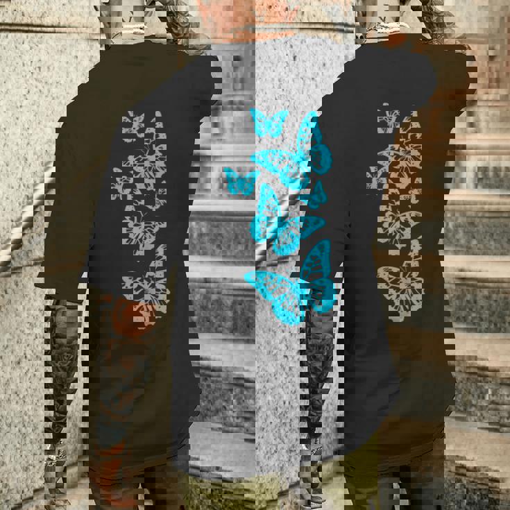 ファンタジー エレガント 蝶 ブルー ブラック シェイプ マニア メンズTシャツ バックプリント 彼への贈り物